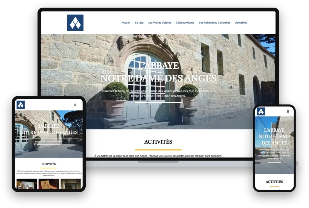 Site internet de Abbaye Notre-Dame des Anges, lieu patrimonial à Landéda, sur ordinateur, tablette et téléphone