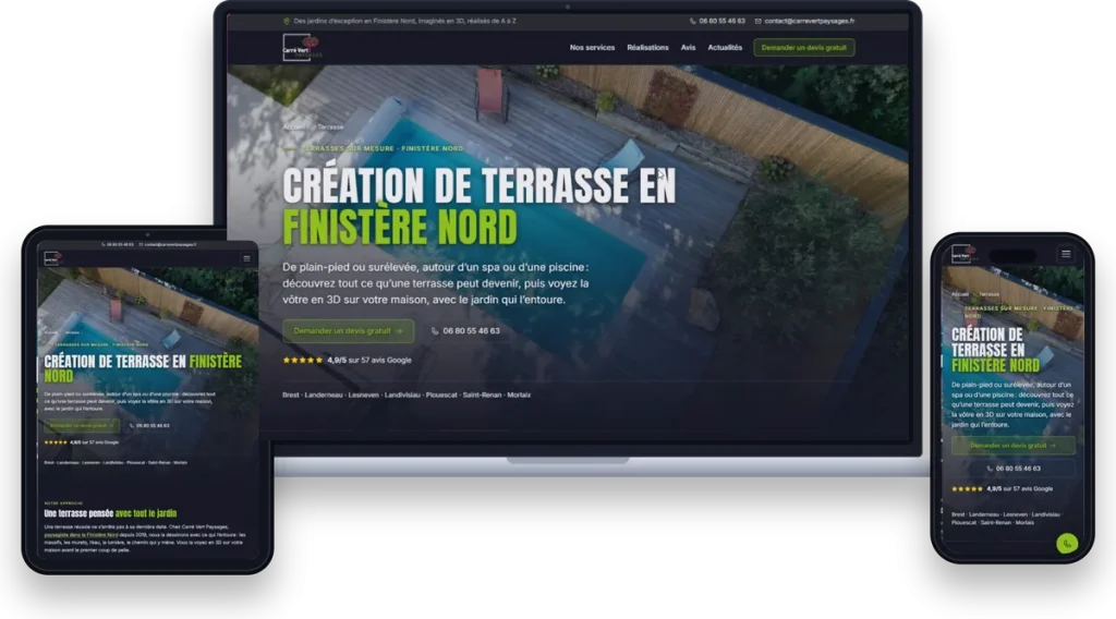 Site internet de Carré Vert Paysages, paysagiste à Plounéventer, sur ordinateur, tablette et téléphone