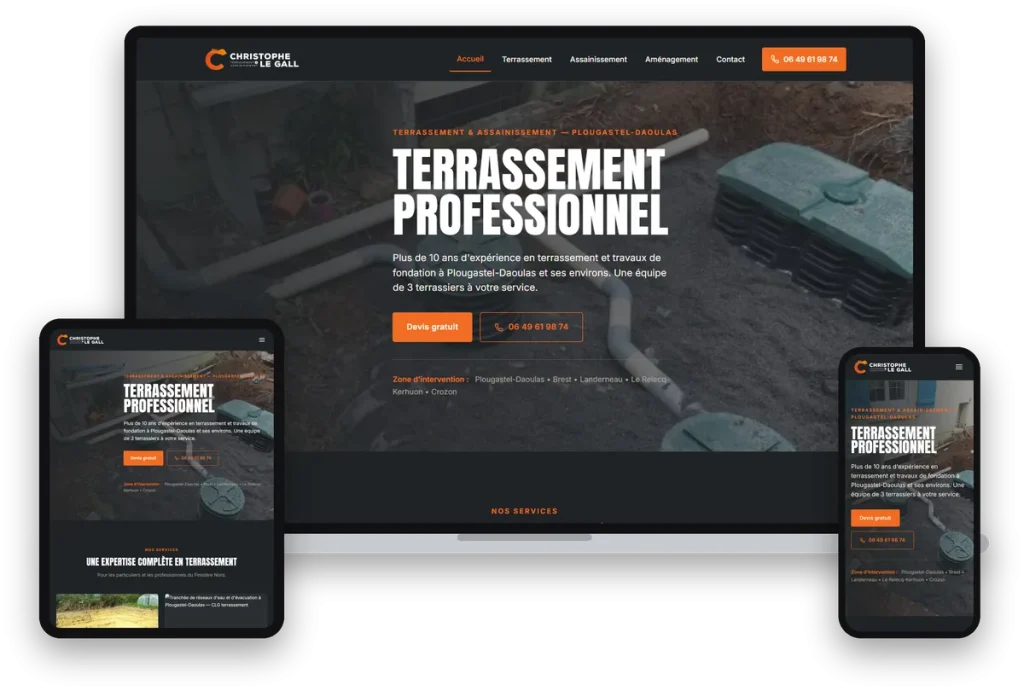 Site internet de CLG Terrassement, terrassier à Plougastel-Daoulas, sur ordinateur, tablette et téléphone