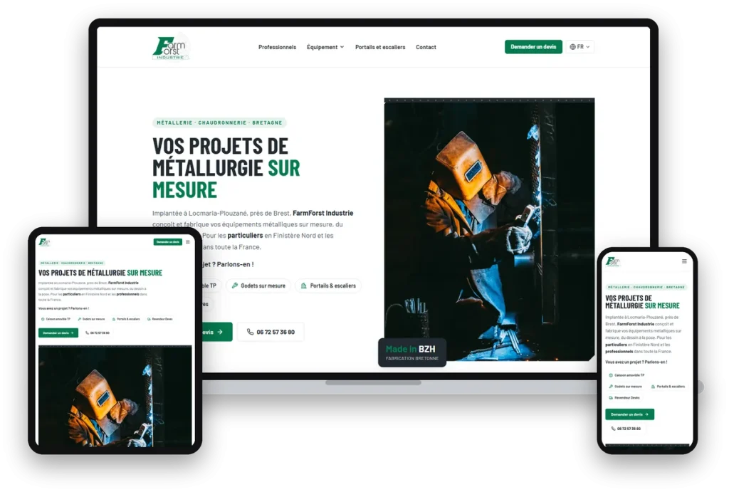 Site internet de FarmForst Industrie, métallerie et chaudronnerie à Locmaria-Plouzané, sur ordinateur, tablette et téléphone