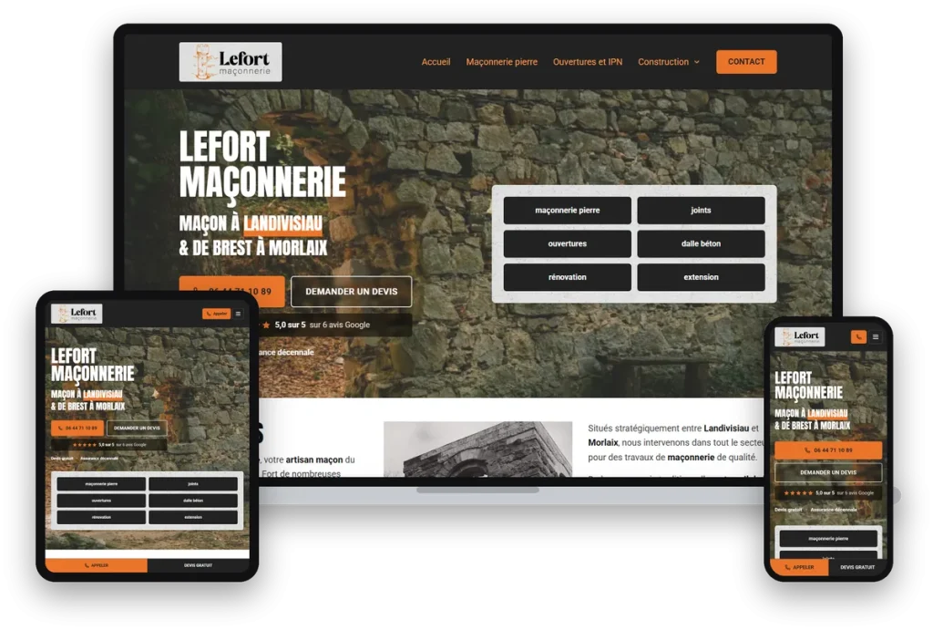 Site internet de LEFORT Maçonnerie, maçon à Guiclan, sur ordinateur, tablette et téléphone