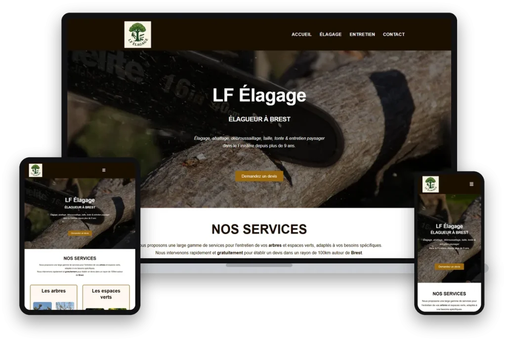 Site internet de LF Élagage, élagueur à Brest, sur ordinateur, tablette et téléphone