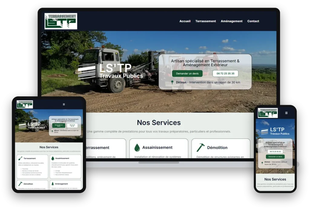 Site internet de LS'TP, terrassier à Dirinon, sur ordinateur, tablette et téléphone