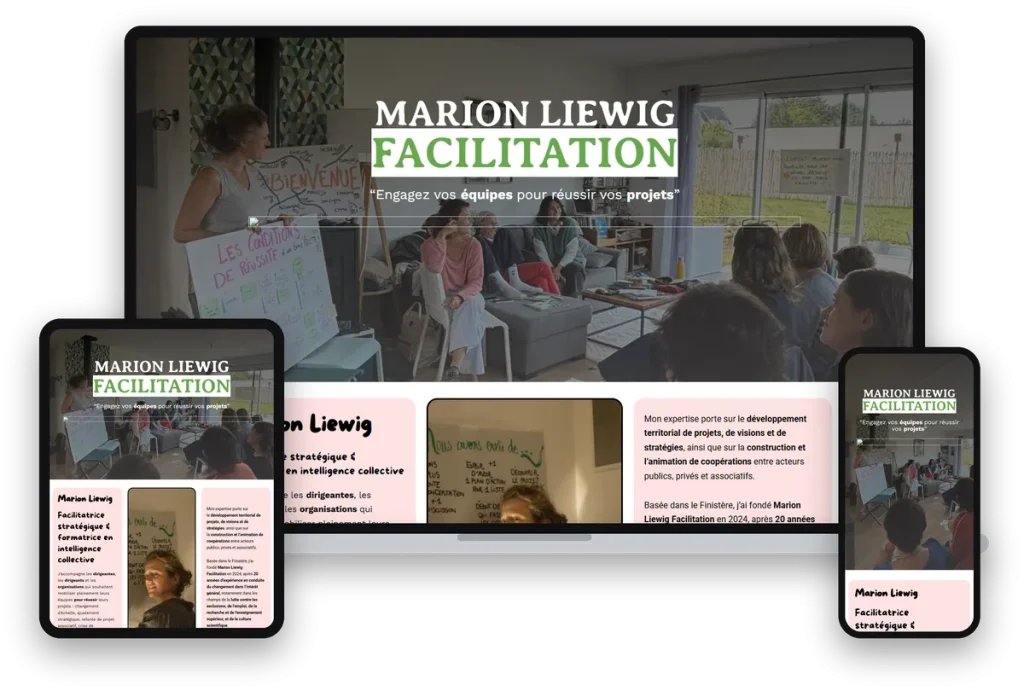 Site internet de Marion Liewig Facilitation, facilitatrice en Bretagne, sur ordinateur, tablette et téléphone