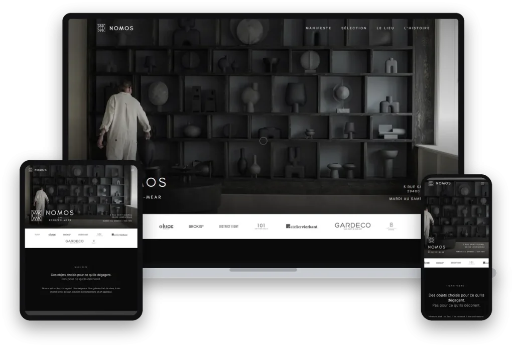 Site internet de NOMOS par Kéruzec-Méar, galerie de décoration à Landivisiau, sur ordinateur, tablette et téléphone