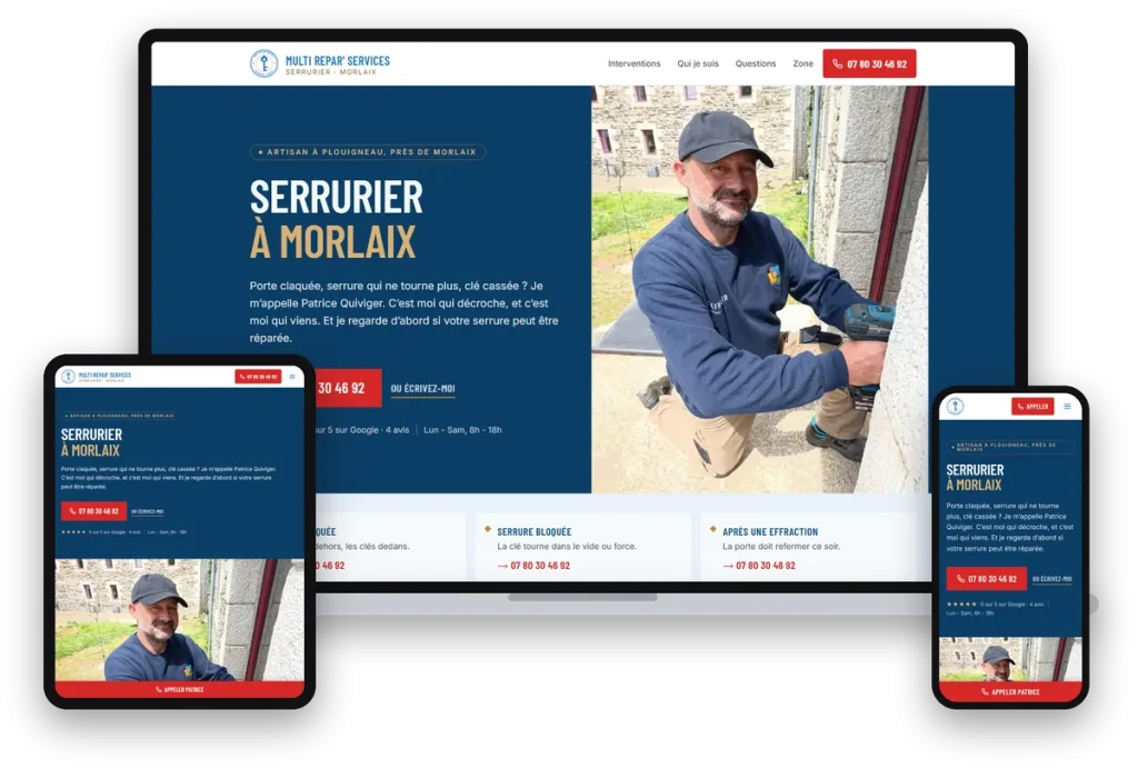 Site internet de Quiviger Serrurier, serrurier à Morlaix, sur ordinateur, tablette et téléphone