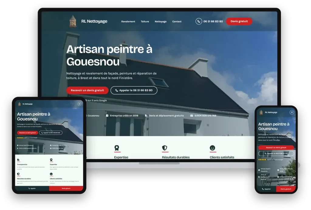 Site internet de RL Nettoyage, peintre en bâtiment à Gouesnou, sur ordinateur, tablette et téléphone