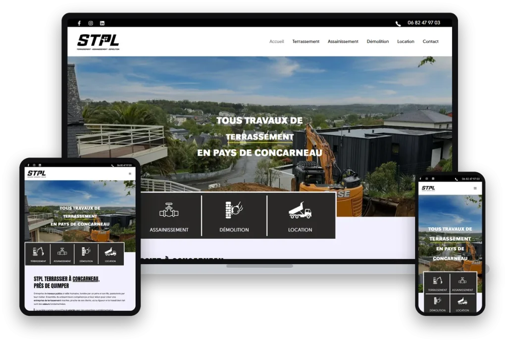 Site internet de STPL, terrassier à Concarneau, sur ordinateur, tablette et téléphone