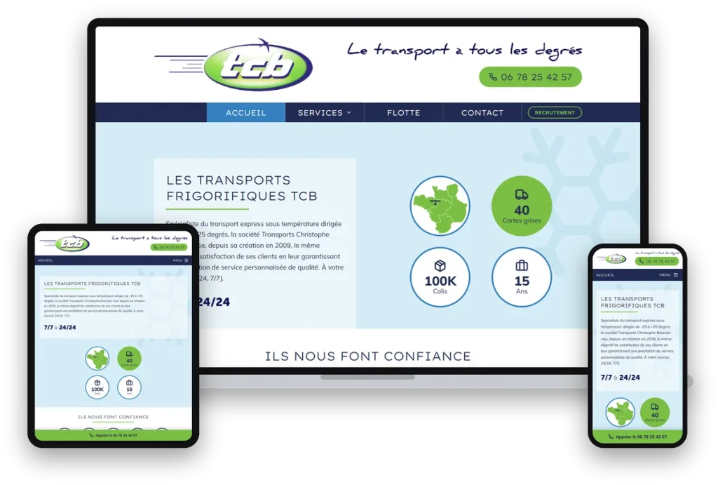 Site internet de TCB, transporteur frigorifique à Pancé, sur ordinateur, tablette et téléphone