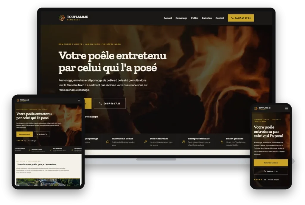 Site internet de Touflamme Ramonage, ramoneur à Landivisiau, sur ordinateur, tablette et téléphone